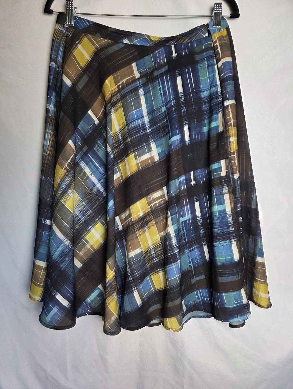 Trina Turk A-Line Flowy Plaid Skirt Blue Brown Yellow Women's Size 8